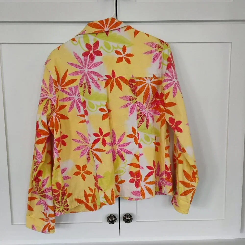 Coldwater Creek Womens Floral Button-Up Cotton Jacket Size M Yellow Pink Orange
